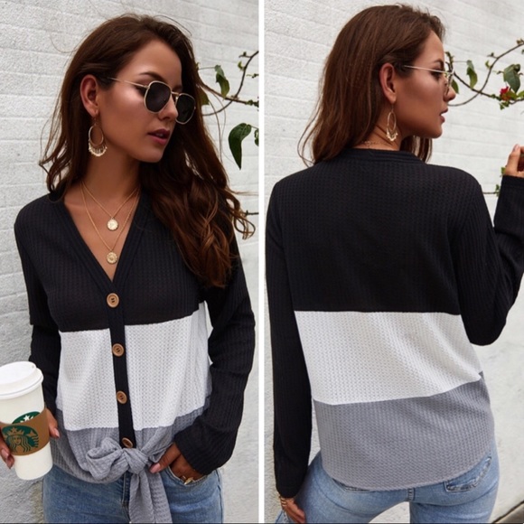 Tops - Color Block Waffle Knit Button-Up Long Sleeve Top